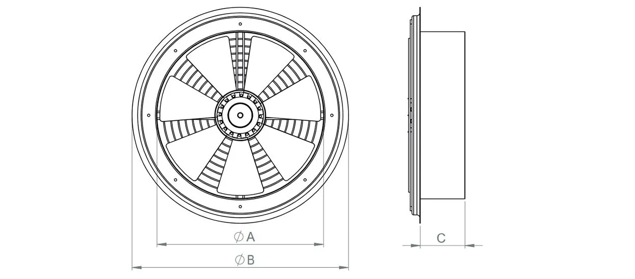 Размеры и чертеж осевых вентиляторов DAXIS настенного типа